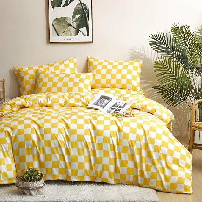 KAREVER Yellow White Grid Comforter Set Twin Yellow Plaid Bedding Set Girls Yellow and White Checkered Kids Breathable Blanket Set