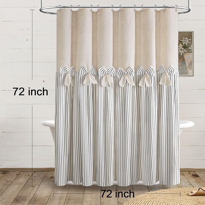 Farmhouse Shower Curtain Linen Bow Woven Fabric Country Rustic Western, Pleated Grey Stripe 72" W x 72" L