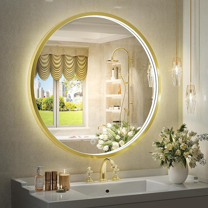 24" Round LED Bathroom Mirror, Dimmable Anti-Fog Vanity Mirror with Touch Control, 6000K Natural Light, Gold Metal Frame, Wall Mounted for Makeup Shaving (IP54, 90+ CRI)