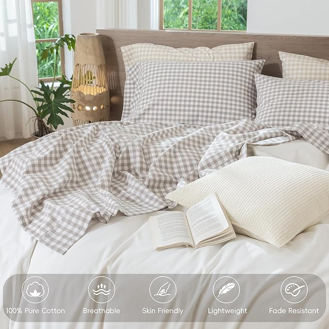 MooMee Gingham Sheet Set 100% Washed Cotton Linen Like Textured Breathable Soft w/Fully Elasticized 16-19" Deep Pocket (Classic Gingham Tannish Linen Grey, King)