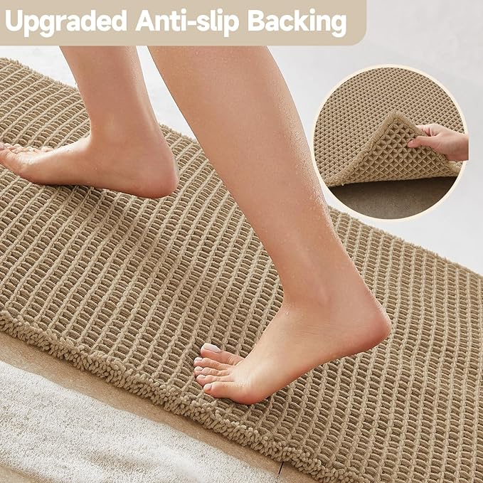 Waffle Bath Mat, Boho Bathroom Rugs Non Slip Washable Super Absorbent Quick Dry Farmhouse Bathroom Decor, 48"x24" / 4'x2' Khaki