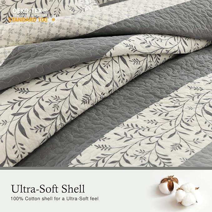 Stripe Quilts Queen Size - 100% Cotton Lightweight Quilt Bedding Set 3 Pieces, Vintage Vine Pattern Quilted Bedspread with 2 Pillow Shams, Farmhouse Printed Coverlet for All Season, Gray