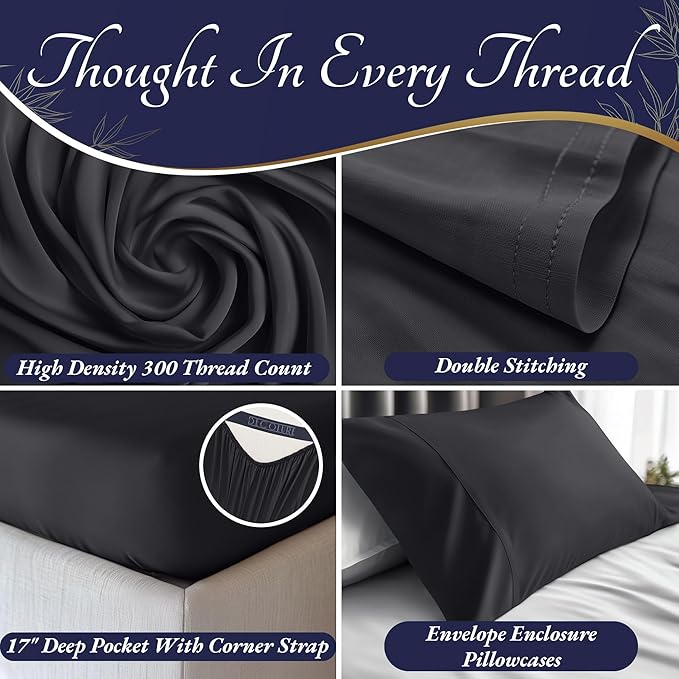DECOLURE 100% Viscose Derived from Bamboo Sheets Queen Size 4pcs - Ultra Soft & Luxuriously Cooling, 17" Deep Pocket, Double Stitching, Perfect for Hot Sleepers - Queen Bed Sheets (Charcoal)