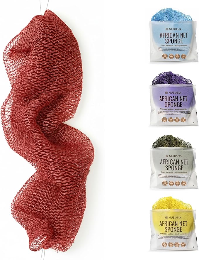Nubiana African Net Sponge Authentic - 45 Inch Exfoliating Body Sponge from Nigeria - Natural Bath Sponge for Smooth Soft Skin - Long Lasting Quick-Drying - Single Pack (Wine Red)