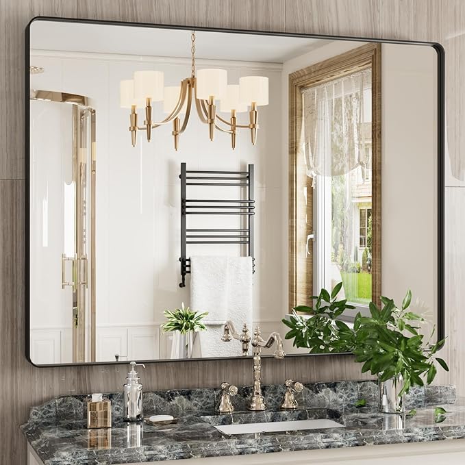 Black Bathroom Mirror 48X36 Inch, Black Metal Framed Mirror for Wall, Rounded Rectangle Matte Bathroom Vanity Mirror with Tempered Glass, Anti-Rust, Horizontal/Vertical