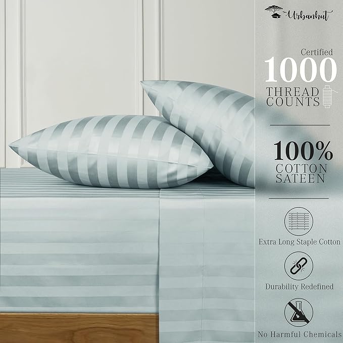 URBANHUT 1000 Thread Count Damask Striped Queen Sheet Set Egyptian Cotton, Long Staple Soft & Breathable, 4 Pcs Bed Sheet Sets, Luxury Hotel Sateen Finish Sheets Fits 16" Deep Pocket - Light Blue
