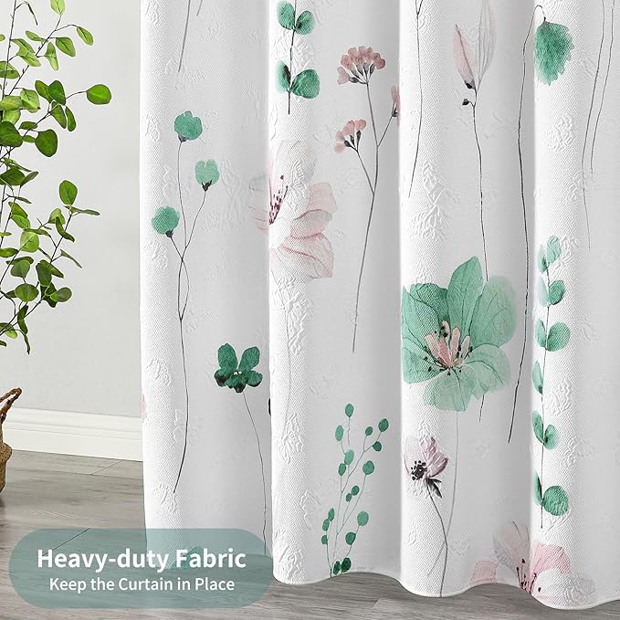 QiyI Small Stall Shower Curtain 36 x 72, Narrow Half Watercolor Floral Bath Curtain, 3D Embossed Sage Green Flower Cloth Bathroom Curtains, Waterproof Fabric White Shower Curtain Set with Hooks