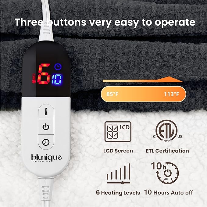 Heated Blanket Electric Blanket Twin Waffle, 62x84 Inches Sherpa Fleece Fast Heating Blanket 6 Heating Levels & 10 Hours Auto Off ETL Certification,Charcoal Grey Twin