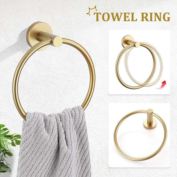 Brushed Gold Bathroom Accessories Set - 2 Piece Wall Mounted Toilet Paper Holder & Hand Towel Ring, Durable Stainless Steel with Brass Finish, Rustproof Bathroom Hardware Installation Kit
