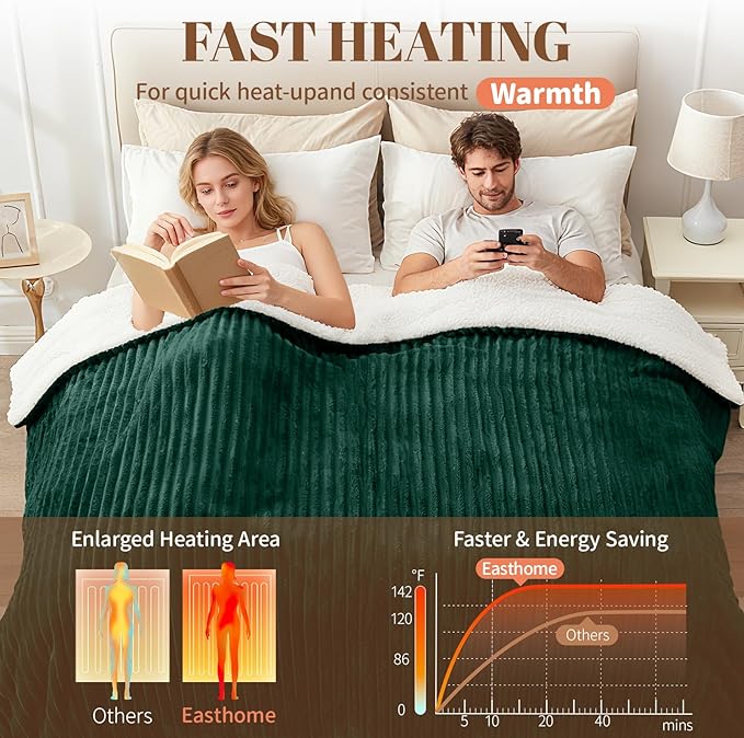 Electric Heated Blanket Queen Size Dual Control - 84"x90" Fast Heating Bed Blankets with 6 Heating Levels & 10 Hours Auto Off, Soft Ribbed Flannel, Over-Heat Protection ETL, Dark Green