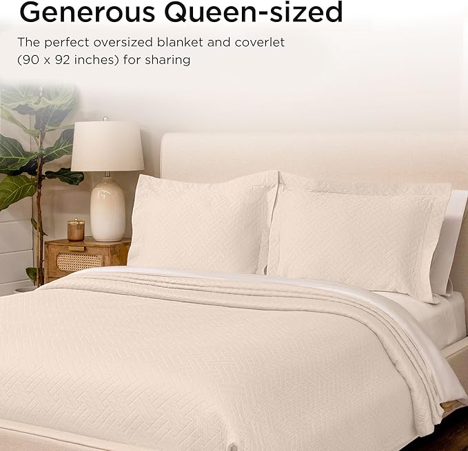 Threadmill Luxury Cotton Blankets for Queen Size Bed | All-Season 100% Cotton Queen Size Blanket |Criss Cross Jacquard Cozy Lightweight, Soft Breathable Coverlet fits Full Size Bed 90x92|Vanilla Cream