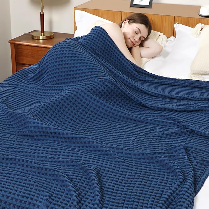 Aganear Waffle Blanket - Lightweight Breathable Summer Blanket of 50% Cotton and 50% Rayon Derived from Bamboo for Hot Sleepers Luxury Throws for Bed, Couch and Sofa,Navy,90x90 Inches