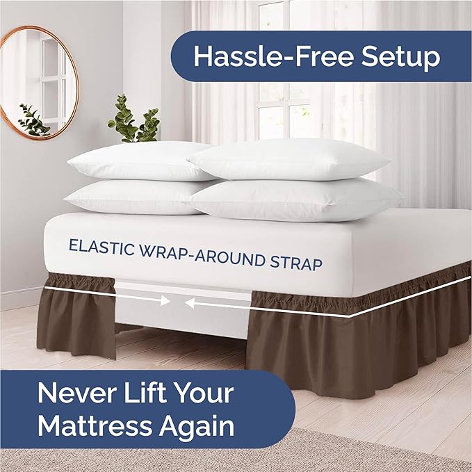 Wrap Around Dust Ruffle Bed Skirt - Brown - for King Size Beds with 18 Inch Drop - Easy Fit Elastic Strap - Adjustable Pleated Bedskirt w/Brushed Fabric - Wrinkle Free - for Women, Men, Kids & Teens