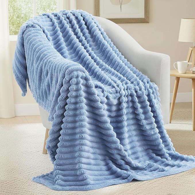 decorUhome Christmas Soft Fleece Blue Grey Blanket Queen Size for Bed, Cozy Fluffy Plush Flannel Large Striped Throws for Couch Sofa, Lightweight Decorative Fuzzy Blanket for Woman, 90x90 Inches