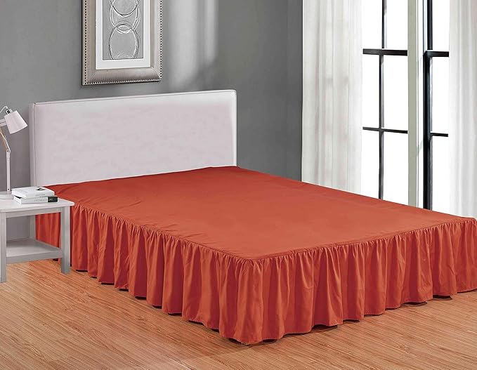 Sheets & Beyond Wrap Around Solid Microfiber Luxury Hotel Quality Fabric Bedroom Gathered Ruffled Bedding Bed Skirt 14 Inch Drop (Queen, Orange)