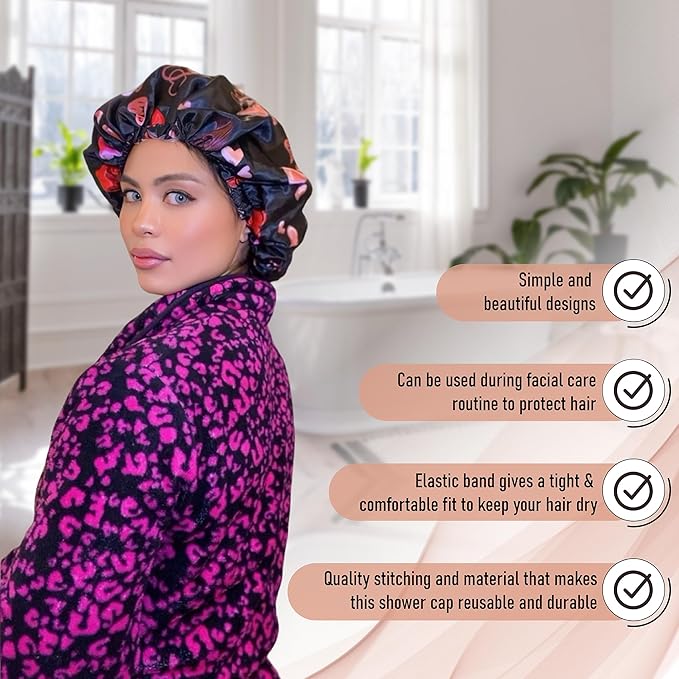 Satin Shower Cap for Women, Reusable and Waterproof Shower Cap for Long Hair, Luxury Print and Double Layer (Black Hearts, Large)