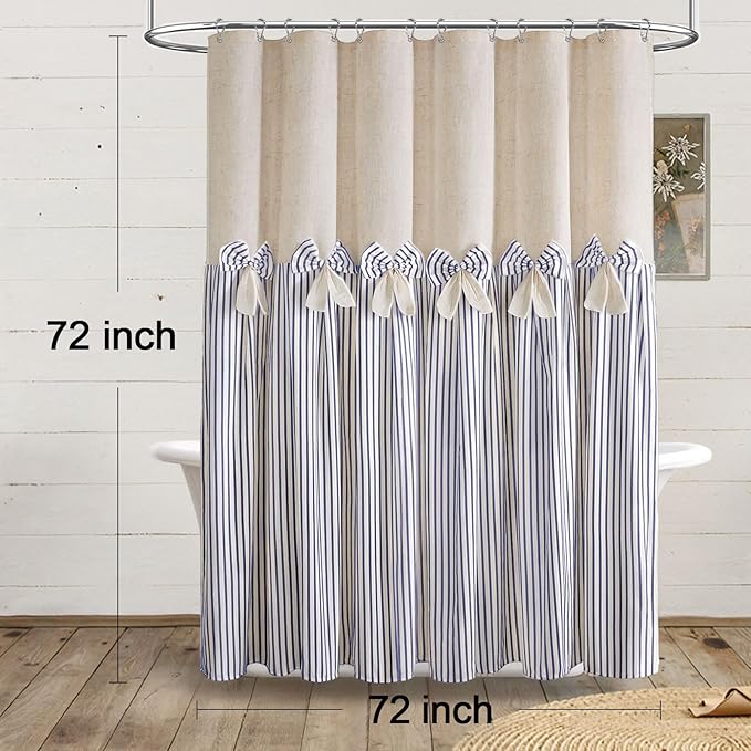 Farmhouse Shower Curtain Linen Bow Woven Fabric Country Rustic Western, Pleated Blue Stripe 72" W x 72" L