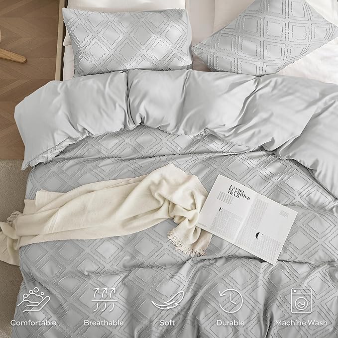 JELLYMONI Duvet Cover Twin Size Light Grey - 3PCS Boho Duvet Cover Set Plaid Polyester Tufted Bohemian Jacquard Knit Textured Comforter Cover 68×90in Rhombic Geometric Pattern Corner Ties & Zipper