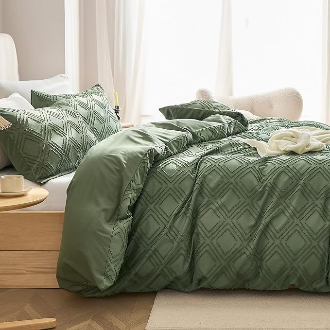 JELLYMONI Duvet Cover Full Size Green - 3PCS Boho Duvet Cover Set Plaid Polyester Tufted Bohemian Jacquard Knit Textured Comforter Cover 80×90in Rhombic Geometric Pattern Corner Ties & Zipper