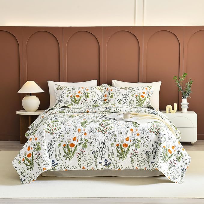 Lady Ann 100% Cotton Floral King Quilt Set - Yellow Flowers & Leaves Pattern Plant Botanical Printed Quilted Bedding, 3 Pcs Lightweight Extra Soft King Bedspread Coverlet Set for All Season