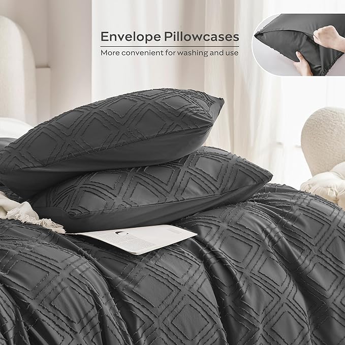 JELLYMONI Duvet Cover Queen Size Dark Grey - 3PCS Boho Duvet Cover Set Plaid Polyester Tufted Bohemian Jacquard Knit Textured Comforter Cover 90×90in Rhombic Geometric Pattern Zipper Corner Tie