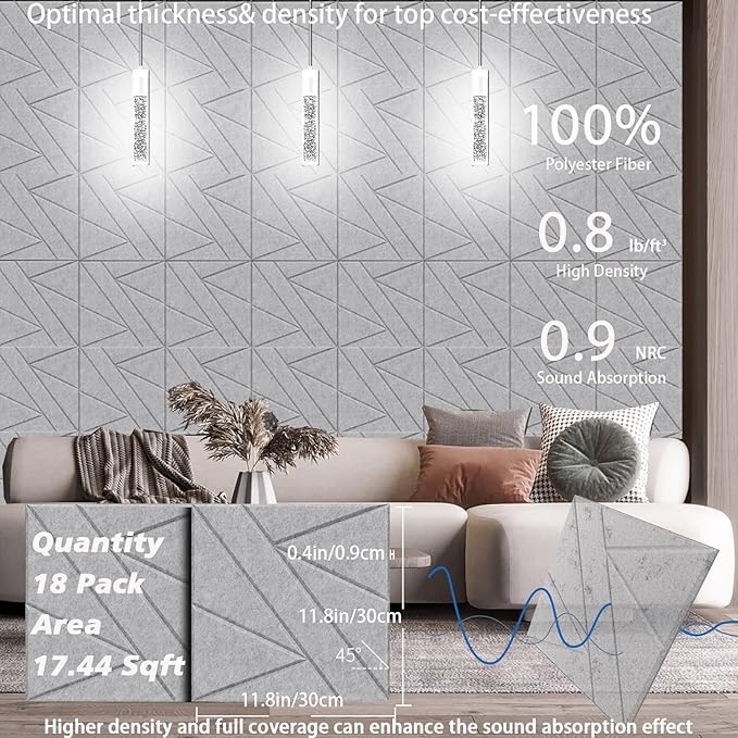 18 Pack Self-Adhesive Soundproof Wall Panels, 12 x 12 x 0.4 in Sound Proof Foam Panels for Walls, 0.8lb/ft³ High Density, Thicker 0.4in, Acoustic Panels, Noise Dampening Panels for Studio Gray