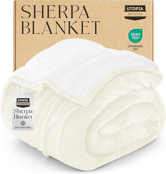 Utopia Bedding Sherpa Blanket California King Size (Ivory, 102x96 Inches) - Soft Plush Fleece Reversible Blanket for Bed, Sofa, Couch, Camping and Travel