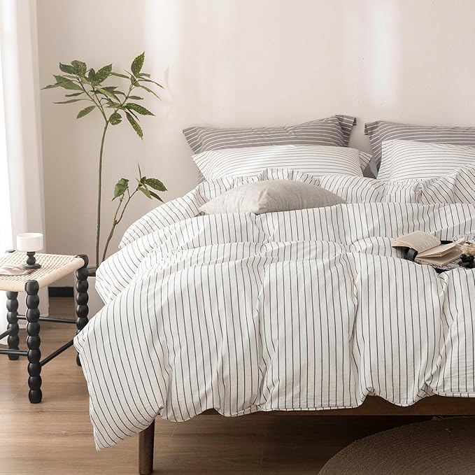 Stripe Duvet Cover King Size 104inch x 90inch, 100% Washed Cotton Linen Feel Duvet Cover, Pinstripe Duvet Cover with Zipper Closure and 2 Pillowcases, Color of White-Dark Grey Stripe
