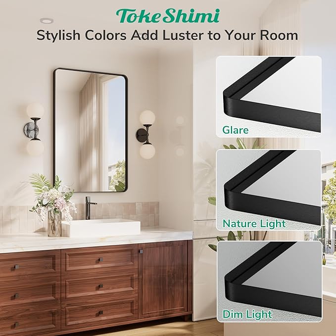TokeShimi 24x36 Black Bathroom Mirror,Wall Mirror for Bathroom with Tempered Glass,Matte Black Bathroom Vanity Mirror for Over Sink,Seamless Aluminum Framed Mirror(Horizontal/Vertical)