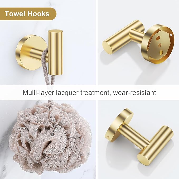 Lairuier Brushed Gold Bathroom Hardware Set, 10-Piece Towel Bar Set SUS304 Stainless Steel Bathroom Hardware Accessories Set Round Towel Holder Set Wall Mounted