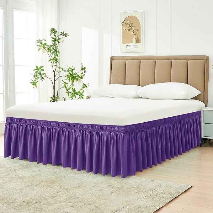 Biscaynebay Wrap Around Bed Skirts for King & Cal King Beds 15" Drop, Purple Adjustable Elastic Dust Ruffles Easy Fit Wrinkle & Fade Resistant Silky Luxurious Fabric Machine Washable