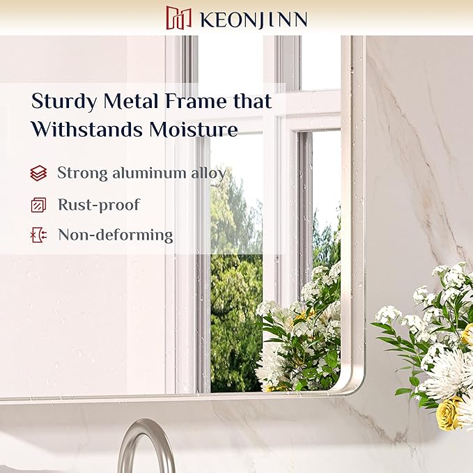 Keonjinn 60 x 28 Inch Brushed Nickel Bathroom Mirrors for Over Sink, Rounded Rectangle Silver Bathroom Vanity Mirror, Farmhouse Mirror for Wall, HD Tempered Glass, Anti-Rust Aluminum Alloy Mirror