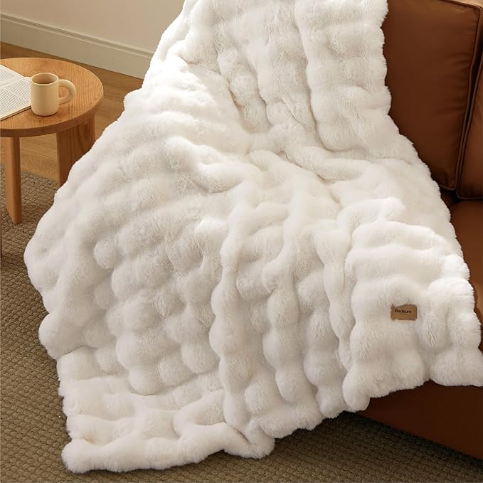 Bedsure GentleSoft Fluffy Faux Fur Blanket Twin Size, Fuzzy Soft Bubble Blanket for Couch, Faux Fur Decor for Home Bedroom Living Room, Thick Furry Cozy Gifts for Women, Cream, 60x80 Inch