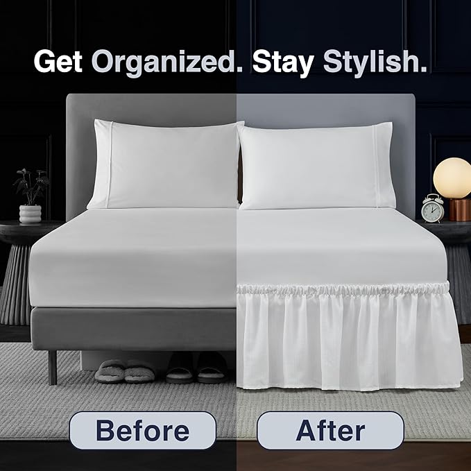 Bed Skirt Full Bed Skirt Wrap Around Ruffled Box Spring Cover, Easy Install, Washable 15" Drop Elastic Dust Ruffle by Casual Living, 54-inch x 75-inch, White