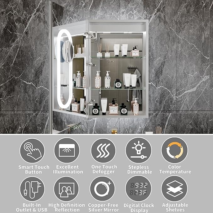 Lighted Medicine Cabinet with Mirror 20"x32" Recessed LED Medicine Cabinet Mirror, Front&Backlit, 3-Color Temperatures，Stepless Dimming, Anti-Fog, Magnifier, 2 Outlets, Storage Shelves, Left Hinge