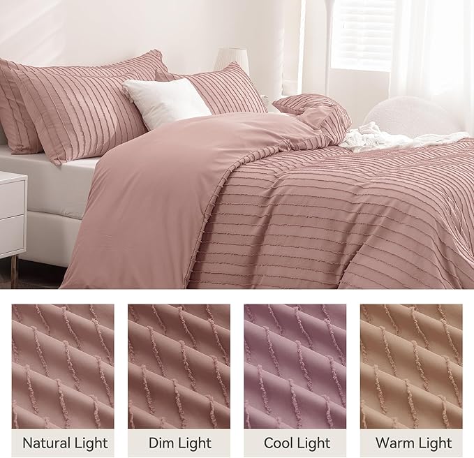 JELLYMONI Duvet Cover King Size Smokey Pink - 3PCS Boho Striped Duvet Cover Set Polyester Tufted Bohemian Textured Comforter Cover 104×90in with Corner Ties & Zipper and 2 Pillowcases