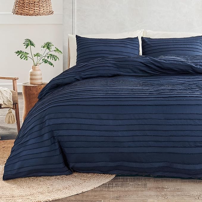 NEXHOME PRO Duvet Cover Full Size, Navy 3 Pieces Boho Tufted Duvet Cover Set, Soft and Lightweight Microfiber Comforter Cover Set for All Season (Navy Full, 80 x 90)-No Comforter