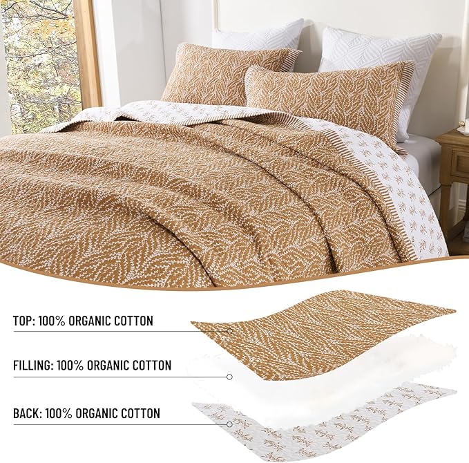 Quilt Set Queen Size - 100% Cotton Orange Flowers Reversible Bedspread Bedding Set, Lightweight 3-Piece Bed Quilts Botanical Pattern Comforter Cover with 2 Pillow Shams, All Season,90x98