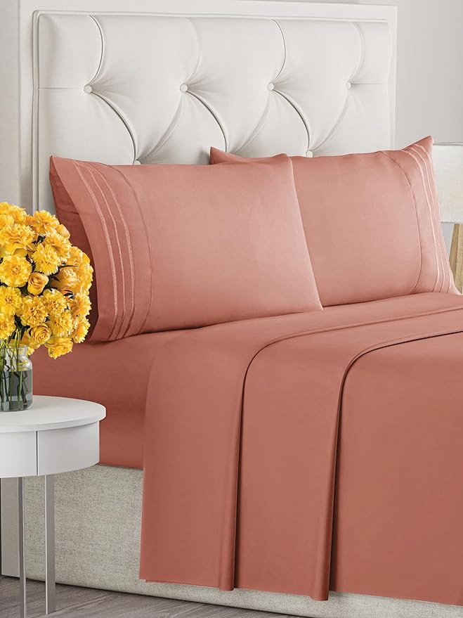 Queen Size 4 Piece Sheet Set - Extra Soft, Breathable & Cooling Sheets - Hotel Luxury Durable Bed Sheets for Women & Men - Deep Pockets, Easy-Fit & Wrinkle-Free Sheets - Warm Peach Oeko-Tex Bed Sheets