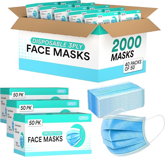 2000 Bulk Blue Disposable Face Masks Level 2 Non Woven Thick 3-Layers Breathable Facial Masks with Adjustable Earloop, Mouth and Nose