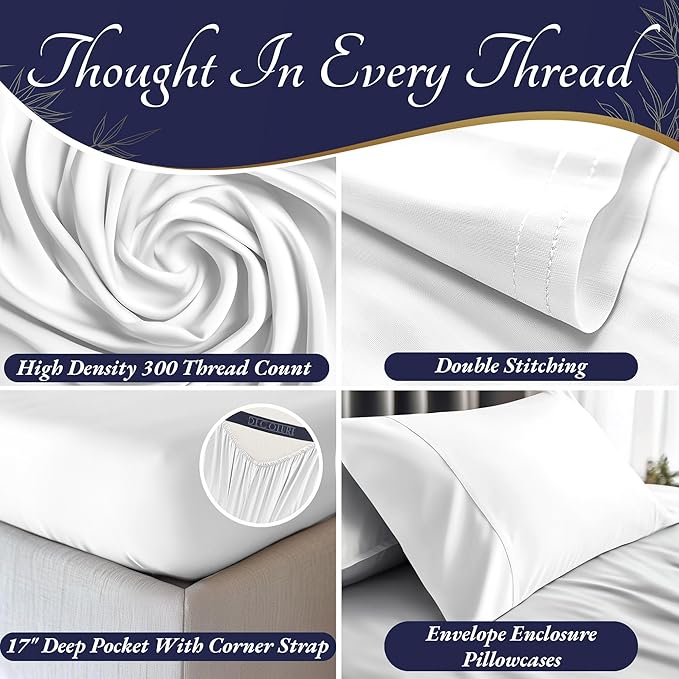 DECOLURE 100% Viscose Derived from Bamboo Sheets Full Size 4pcs - Ultra Soft & Luxuriously Cooling, 17" Deep Pocket, Double Stitching, Perfect for Hot Sleepers - Full Bed Sheets (White)