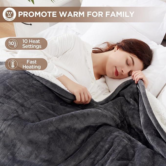 Westinghouse Heated Blanket King Size, Soft Flannel to Sherpa Electric Blanket with 10 Heating Levels, 1-12 Hours Auto Shut Off, Fast Heating, Machine Washable, 100x90 Inch, Charcoal