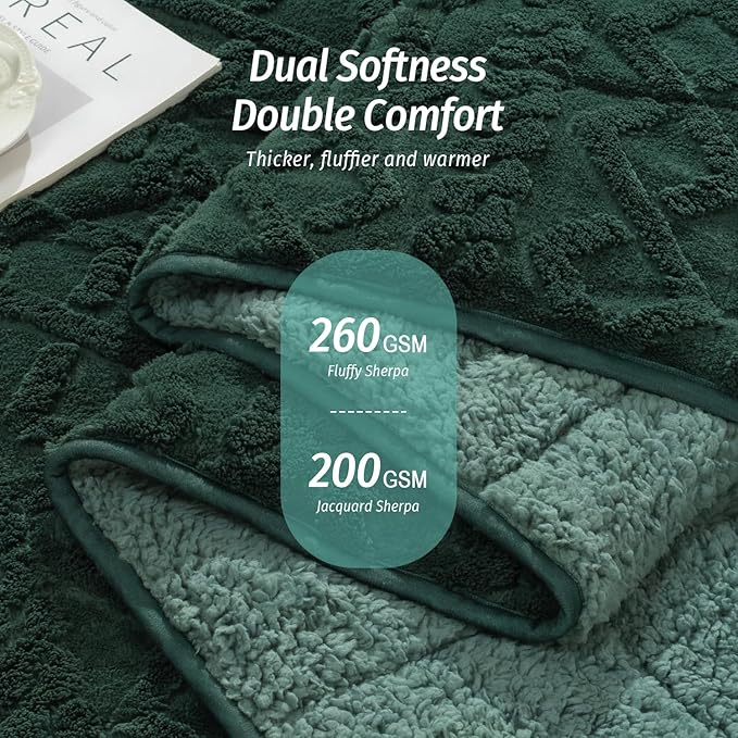 Wemore Weighted Blanket for Adults Twin Size 20 lbs, Dual Sided Soft Fuzzy Jacquard Sherpa Weighted Blankets for Sleeping, Cozy Fluffy Knitted Heavy Blanket for Couch Bed, Dark Green, 60 x 80 inches