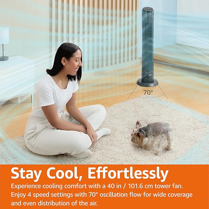 Amazon Basics 40" 70-Degree Oscillating Digital Tower Fan for Bedroom, Living Room, Office, With 4 Speeds, 3 Modes (Standard, Breeze, Nature), Timer Up to 15 Hours, Remote Control, 50W, Black