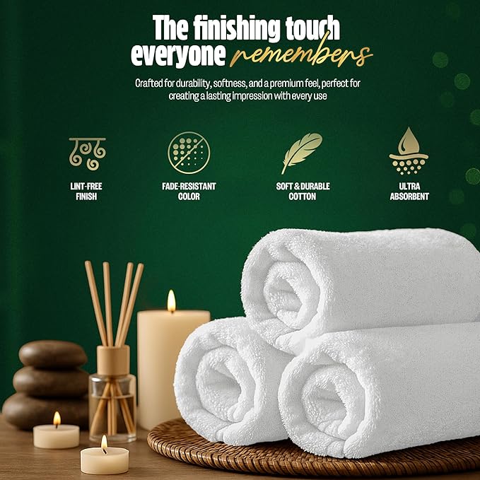 Pearl Linens Pack of 24 100% Cotton Hand Towels, Salon Towels for Spa, Gym and Bathroom Use, Hair Towels in Bulk, Soft, Absorbent, Quick Dry & Machine Washable, 16x27 inches, White