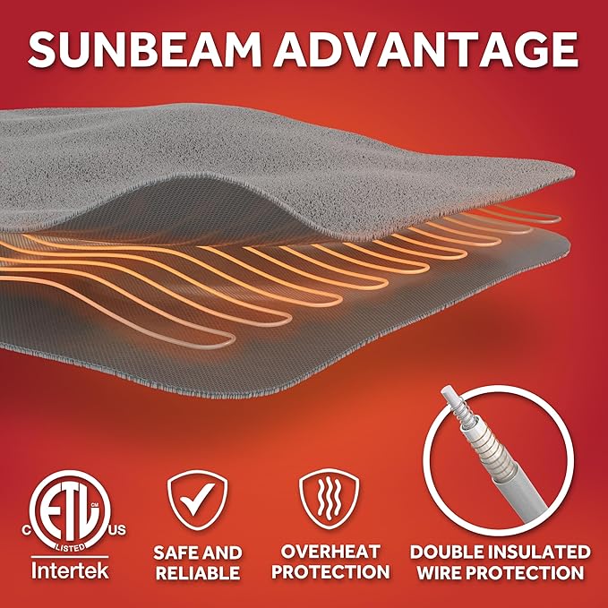 Sunbeam Electric Royal Luxe Microplush Heated Blanket, 12 Heat Settings, 12-Hour Auto Shut-Off, Fast Heating, Warm & Cozy, Machine Washable, Dove Gray Color, King (90" x 100")