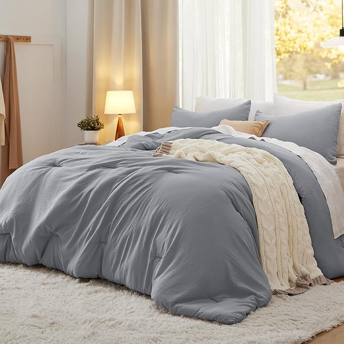 Bedsure Queen Size Comforter Set, Grey Soft Prewashed Bedding for All Seasons, 3 Pieces GentleSoft™️ Warm Down Alternative Bed Set, 1 Lightweight Comforter (90"x90") and 2 Pillowcases (20"x26")