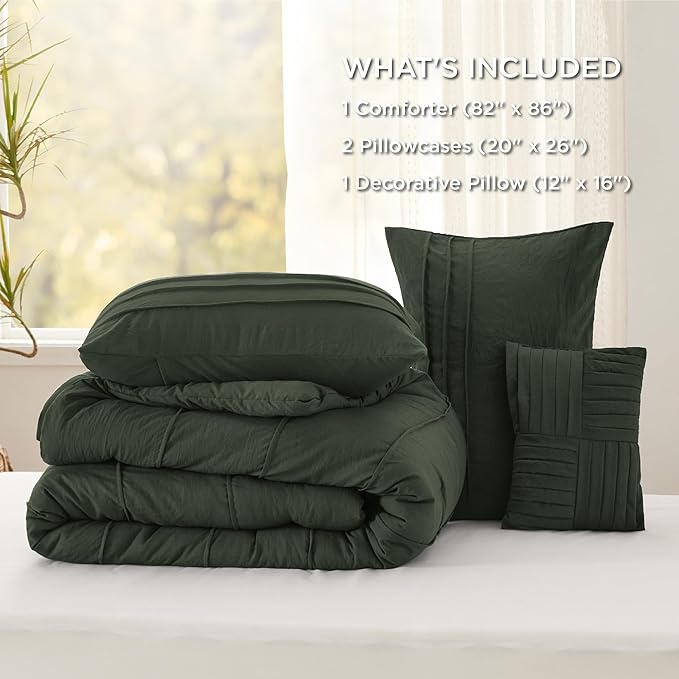 Bedsure Full Comforter Set - 4 Pieces Pinch Pleat Bed Set, Olive Green Boho Bedding for All Season, 1 Soft Comforter, 2 Pillowcases, 1 Decorative Pillow