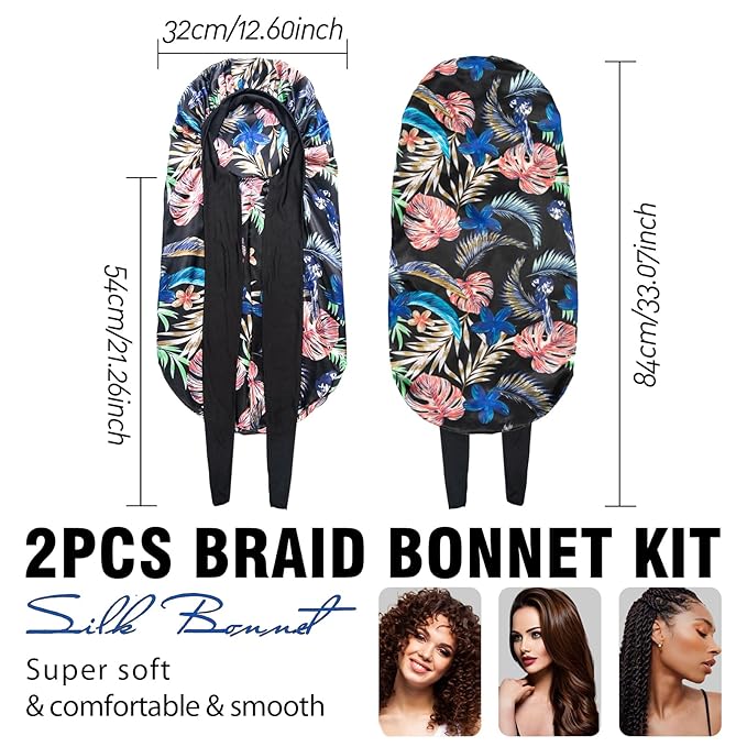 2Pcs Bonnets for Black Women Braid Bonnet, Large Long Satin Bonnet for Braids, Silk Bonnet with Stretchy Tie Band Sleep Cap Hair (2Pcs-Black&Black Pattern)