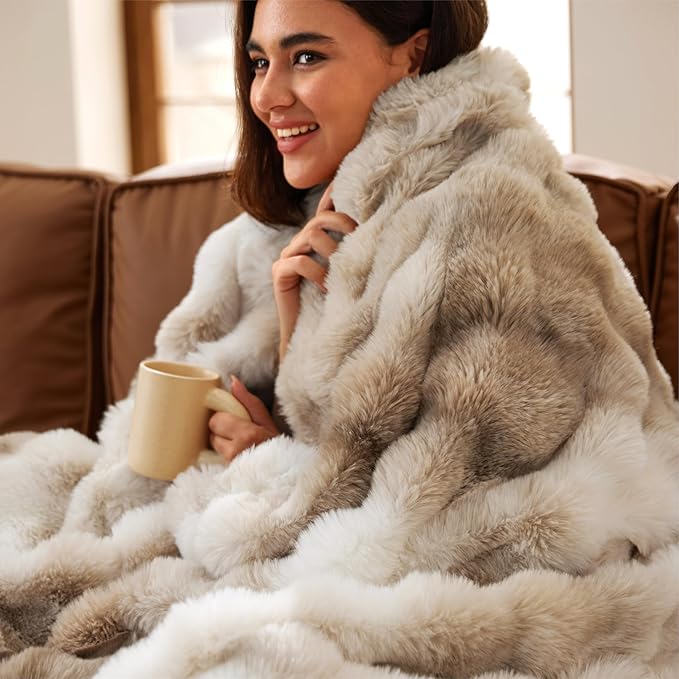 Bedsure GentleSoft Fluffy Faux Fur Throw Blanket, Fuzzy Soft Bubble Blanket for Couch, Faux Fur Decor for Home Bedroom Living Room, Thick Warm Furry Cozy Gifts for Women, Tie-dye Taupe, 50x60 Inch